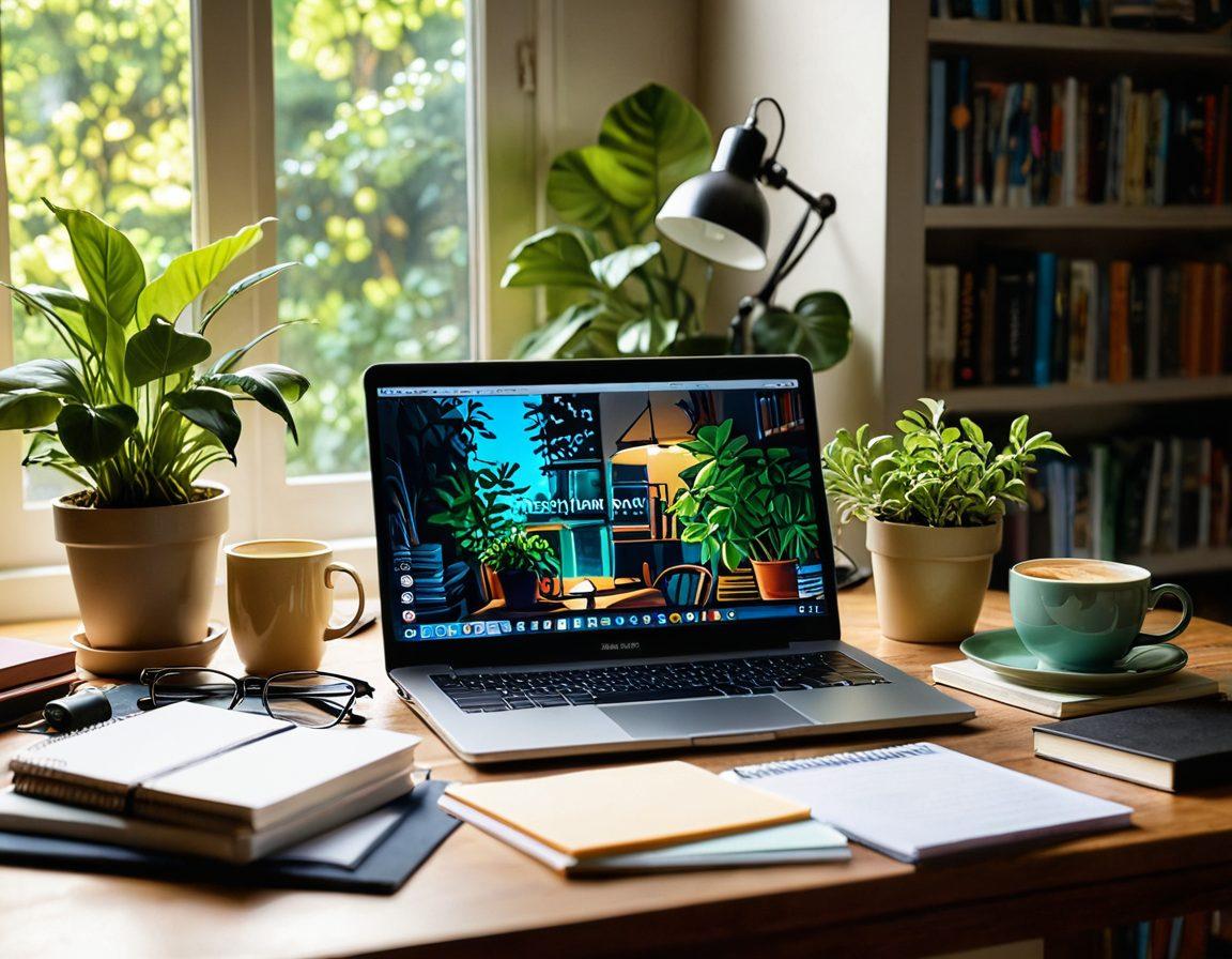 A vibrant desk scene featuring an open laptop with a glowing screen displaying a blog layout, surrounded by a notebook filled with creative ideas, colorful pens, and a steaming cup of coffee. In the background, shelves filled with books and plants create an inspiring atmosphere, while sunlight filters through a window, casting warm shadows. super-realistic. vibrant colors. cozy ambiance.