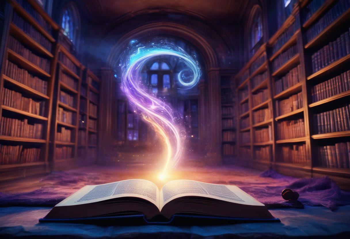 A mystical key unlocking a glowing book filled with colorful swirling words and phrases, surrounded by diverse characters eagerly reading and creating content. The scene is set in a vibrant and imaginative library with glowing shelves, enhancing the idea of unlocking secrets in content creation. magical realism. vibrant colors. soft focus.