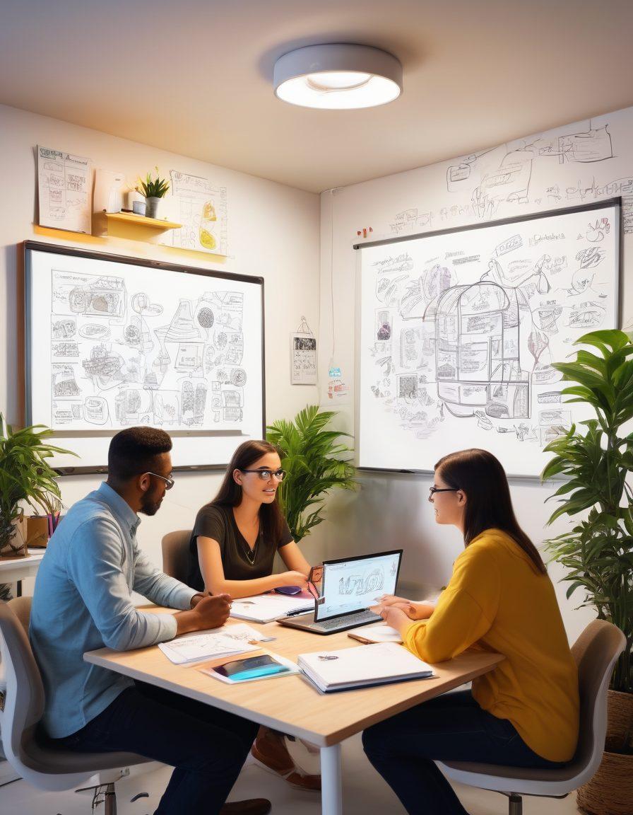 A colorful brainstorming session featuring a diverse group of individuals, surrounded by notebooks and digital devices, immersed in creative discussions about blogging and storytelling. Include visual elements like floating ideas represented as light bulbs and vibrant sketches of digital art on a whiteboard. The background conveys a dynamic and inspiring workspace filled with plants and art supplies. super-realistic. vibrant colors. white background.